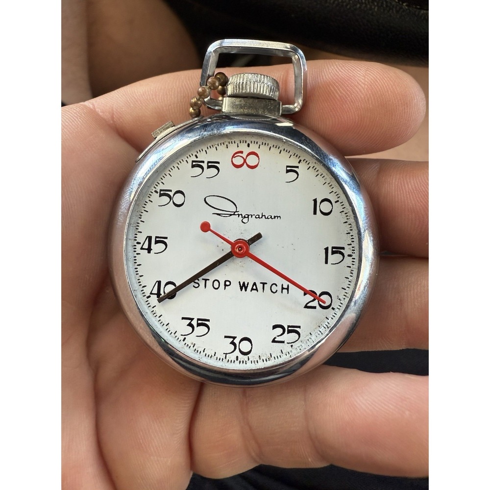 Ingraham USA Mechanical Stopwatch – Tested Working, Chrome Case w/ Chain